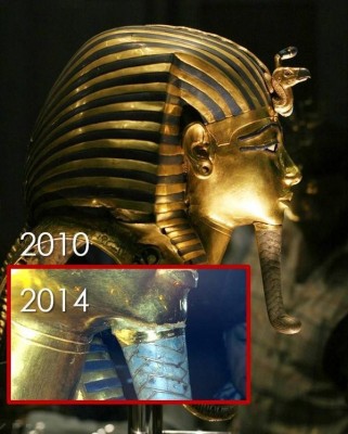 Figure 1. The damage caused by a hasty repair job after the accidental breakage of the beard from King Tutankhamun’s death mask (Bunn 2015).